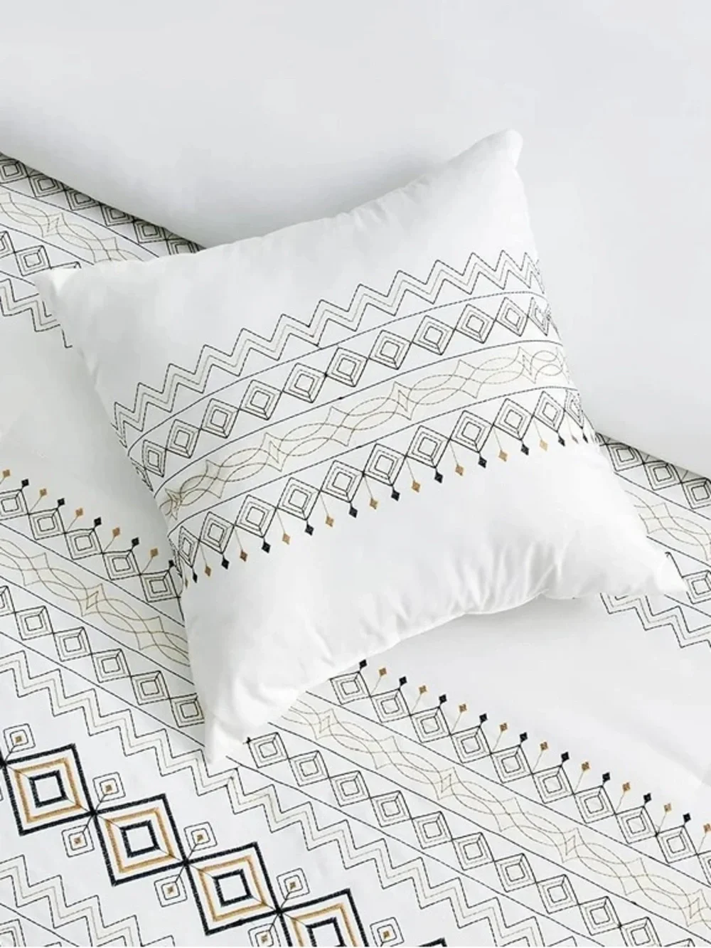 Embroidered Geo Pattern White and Blue 7 piece queen Comforter Set